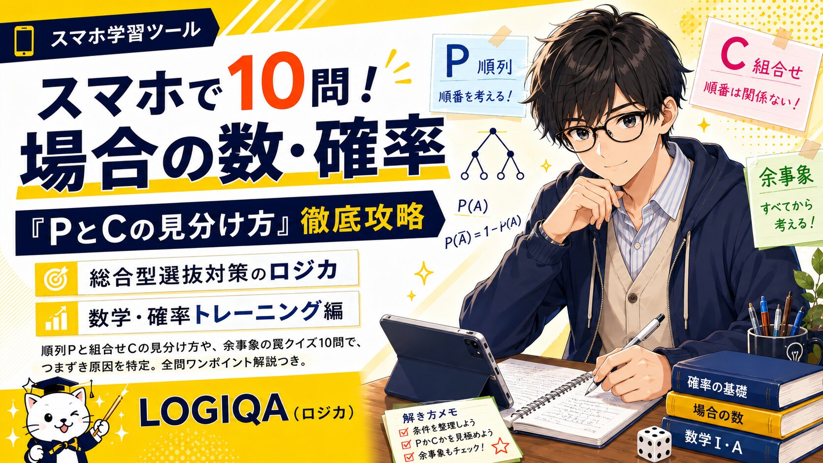 LOGIQA（ロジカ）の数学IA「場合の数・確率」学習ツールのアイキャッチ画像。私服の高校生が自宅で、順列Pと組合せCの見分け方を学習している。