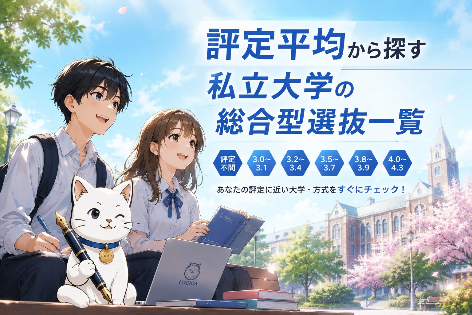 評定平均から探す私立大学の総合型選抜一覧。大学キャンパスで、男子高校生・女子高校生とロジカ猫が評定別の出願条件を確認しているイラスト。