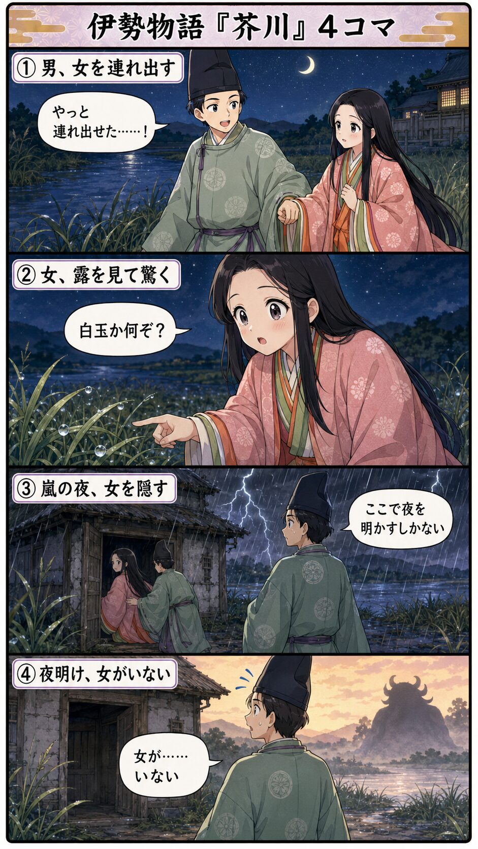 伊勢物語「芥川」の4コマ漫画。男が女を連れ出し、女が露を見て驚き、嵐の夜を経て女が消える流れを説明する画像。