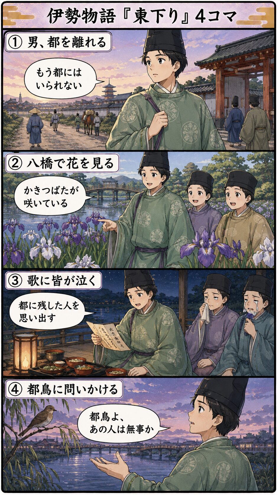 伊勢物語「東下り」の4コマ漫画。男が都を離れ、八橋でかきつばたを見て和歌を詠み、都鳥に思いを託す流れを説明する画像。