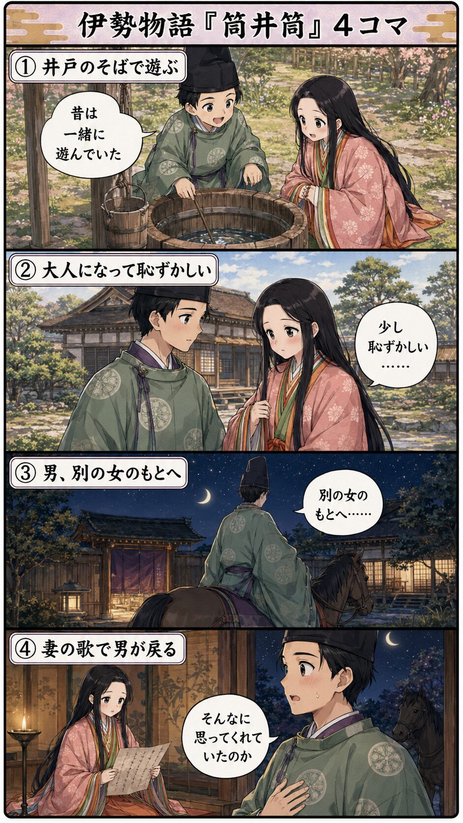 伊勢物語「筒井筒」の4コマ漫画。幼なじみの男女が成長し、男が別の女のもとへ通った後、妻の和歌で心を動かされる流れを説明する画像。