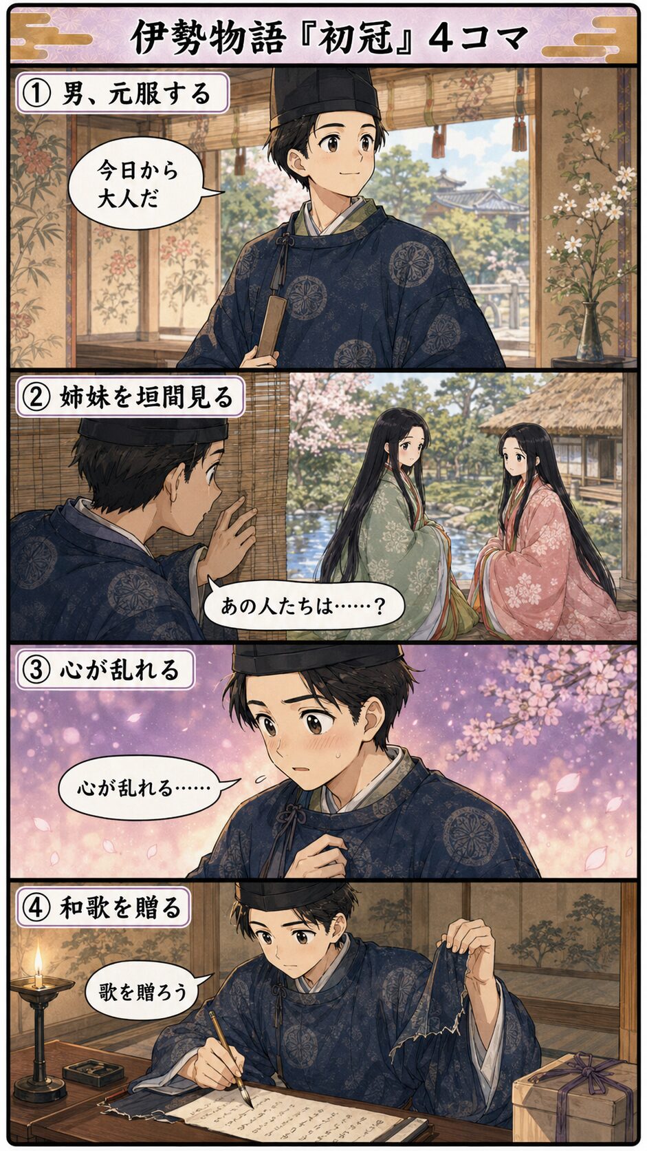 伊勢物語「初冠」の4コマ漫画。男が元服し、美しい姉妹を垣間見て心を乱し、和歌を贈る流れを説明する画像。