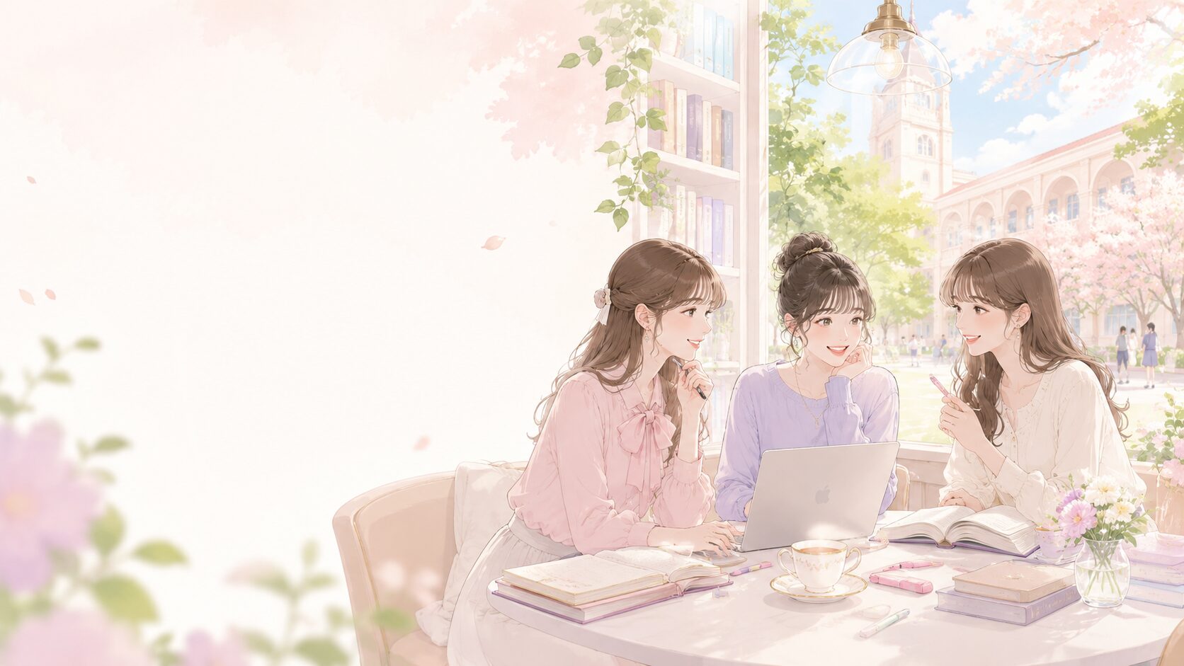 女子大学のキャンパスで学ぶ学生を描いたイラスト