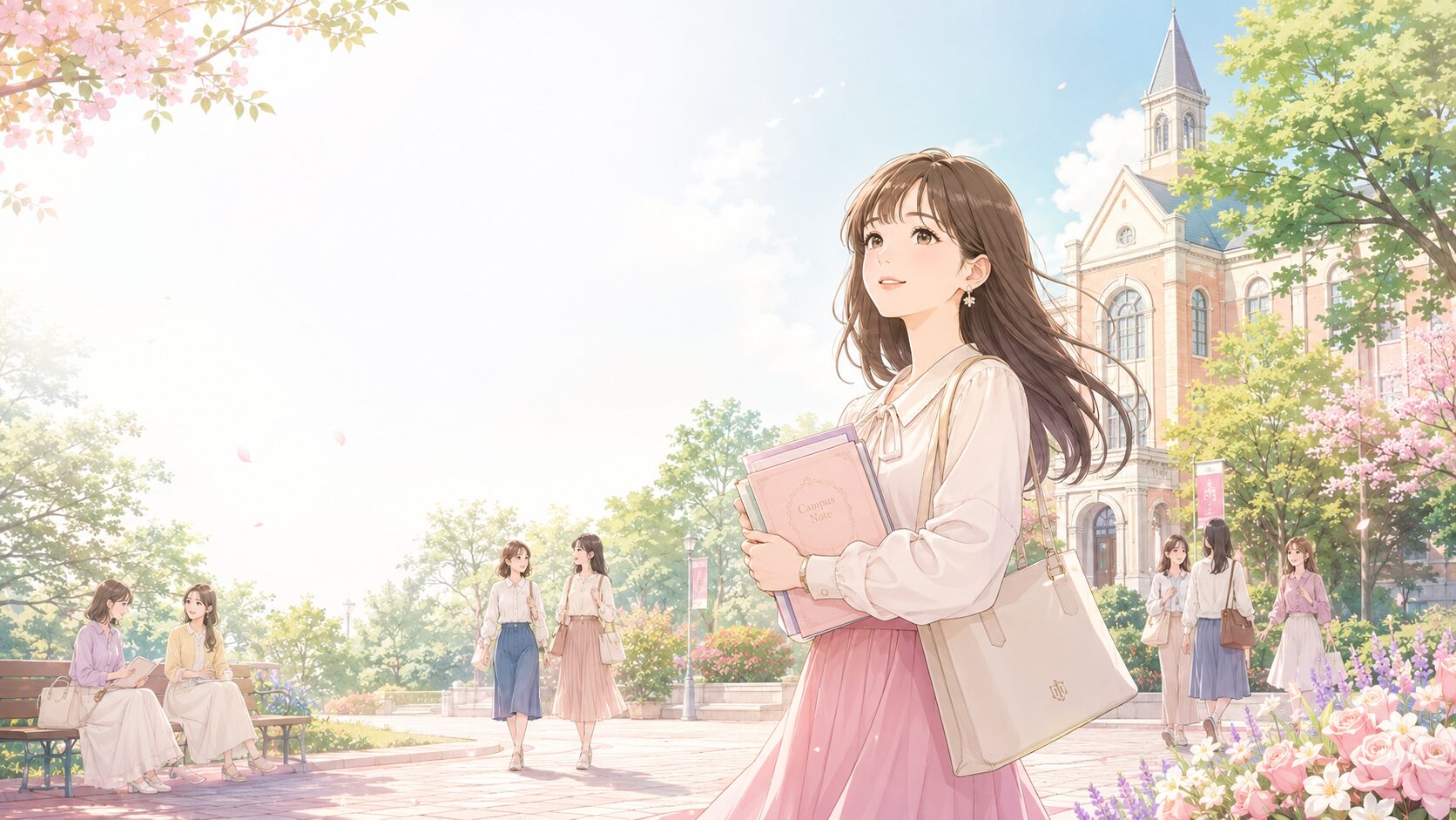 女子大学のキャンパスを歩く学生を描いたイラスト