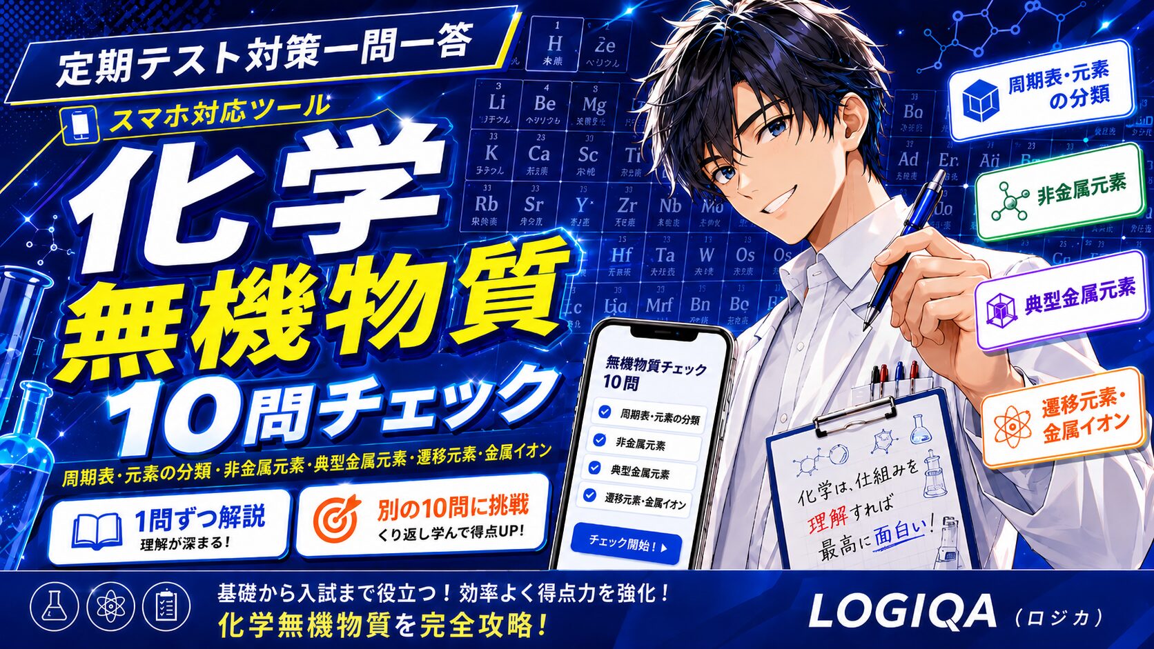 化学の無機物質を定期テスト前に一問一答で確認できるLOGIQAのスマホ対応学習ツール。周期表・元素の分類、非金属元素、典型金属元素、遷移元素・金属イオンを10問チェックで復習できる。