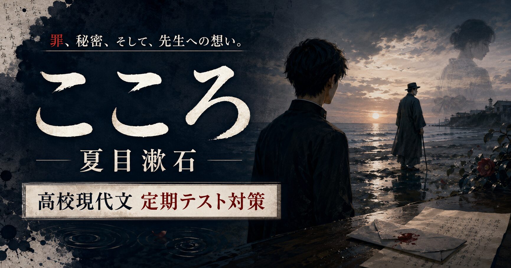夏目漱石「こころ」の高校現代文・定期テスト対策。海辺に立つ「私」と先生、手紙、お嬢さんの面影を描き、罪・秘密・孤独を表現したLOGIQAのアイキャッチ画像。