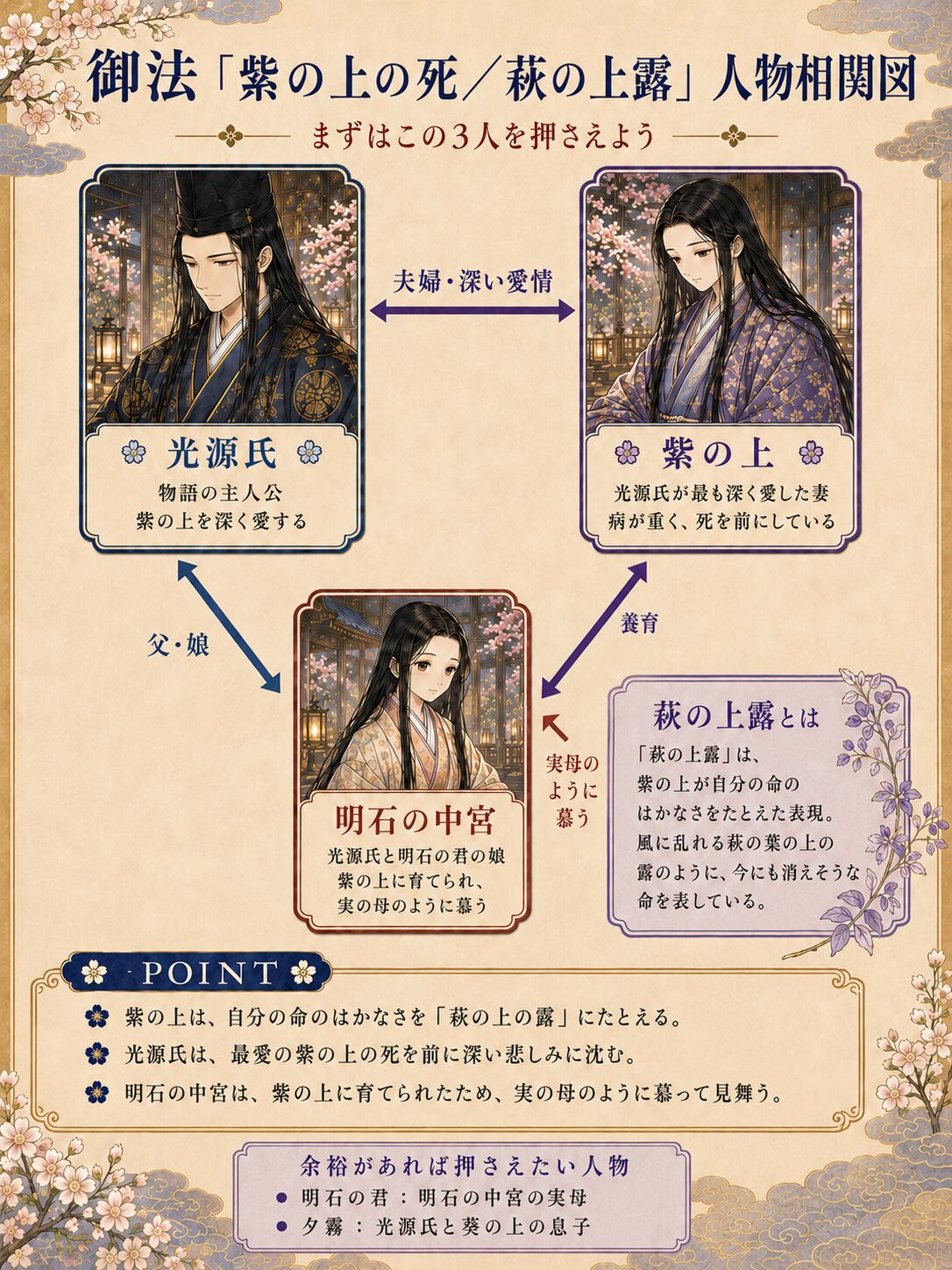 源氏物語「御法（紫の上の死・萩の上露）」の人物相関図。紫の上・光源氏・明石の中宮の関係と、萩の上露の意味を整理