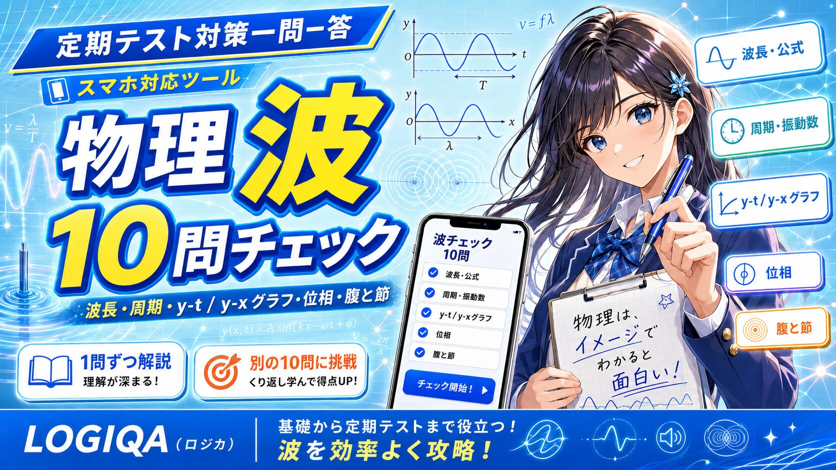 高校物理の波を定期テスト向けに確認できる無料チェックツール。波長、周期、y-tグラフとy-xグラフ、位相、腹と節を10問で学べるLOGIQAのアイキャッチ画像。