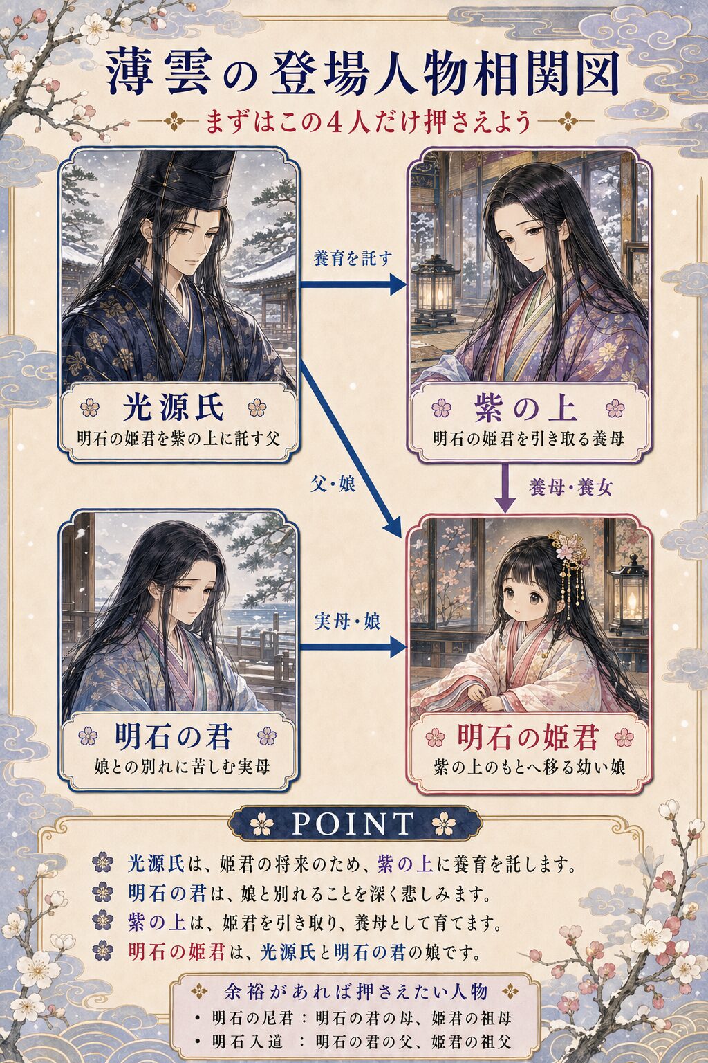 源氏物語『薄雲（明石の君の苦悩・母子の別れ）』の人物相関図。光源氏、紫の上、明石の君、明石の姫君の関係
